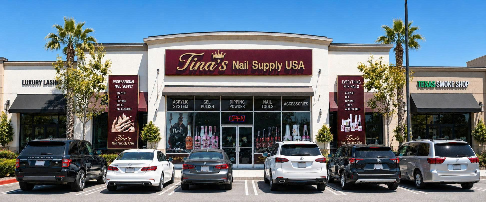 Không gian cửa hàng nail supply dành cho khách của Tina's Nail Supply